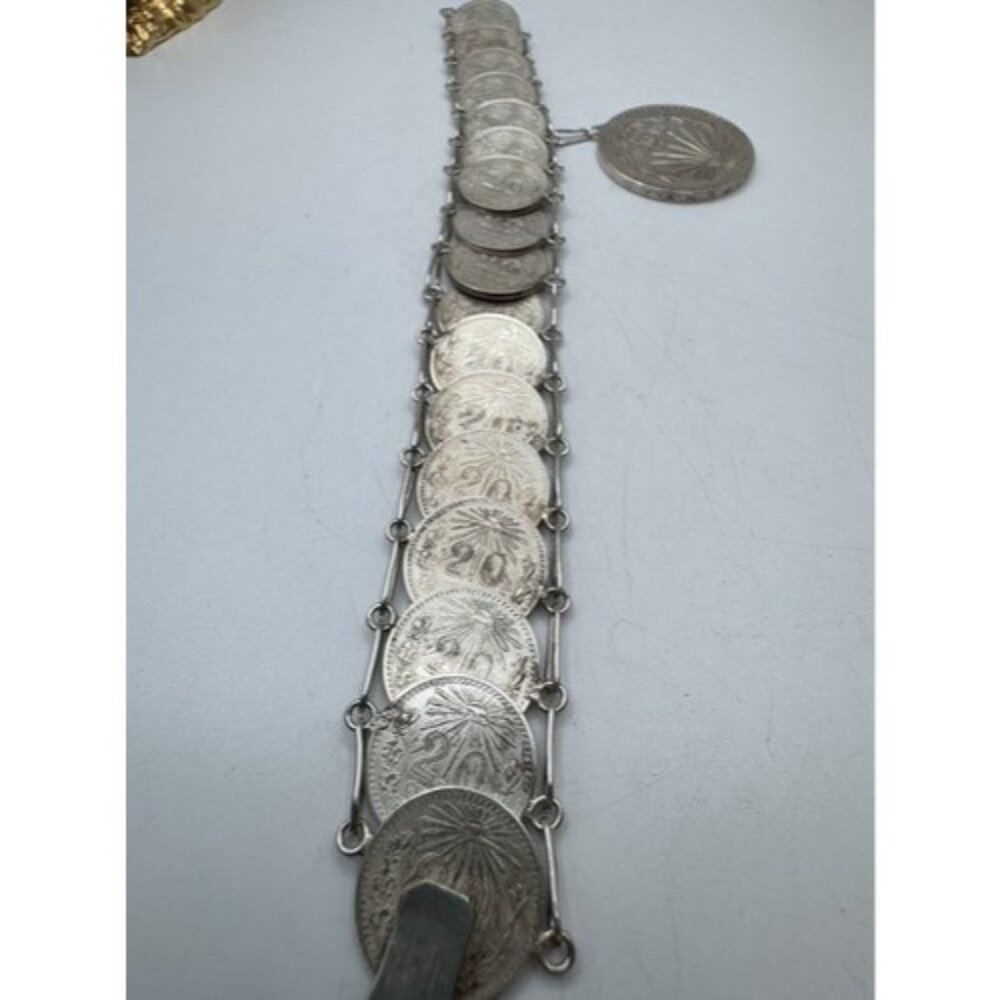 Vintage Mexican Coin Bracelet Solid Silver Unique Collectible Jewelry From 40s - Picture 7 of 16